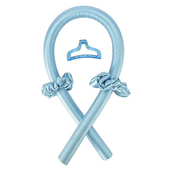 Light blue flexible hair curling headband with matching hair clip on white background.