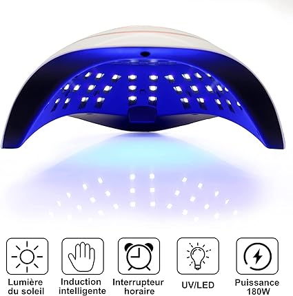 Curved white and purple UV LED nail drying lamp with ventilation holes and power indicator light.