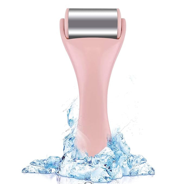 Pink ice roller with silver metal head surrounded by ice cubes and water splash.
