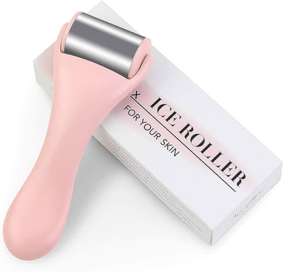 Pink ice roller with stainless steel head resting on white rectangular box labeled "Ice Roller for Your Skin".
