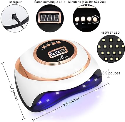 White and rose gold professional nail drying lamp with digital LED display and 57 LED lights.