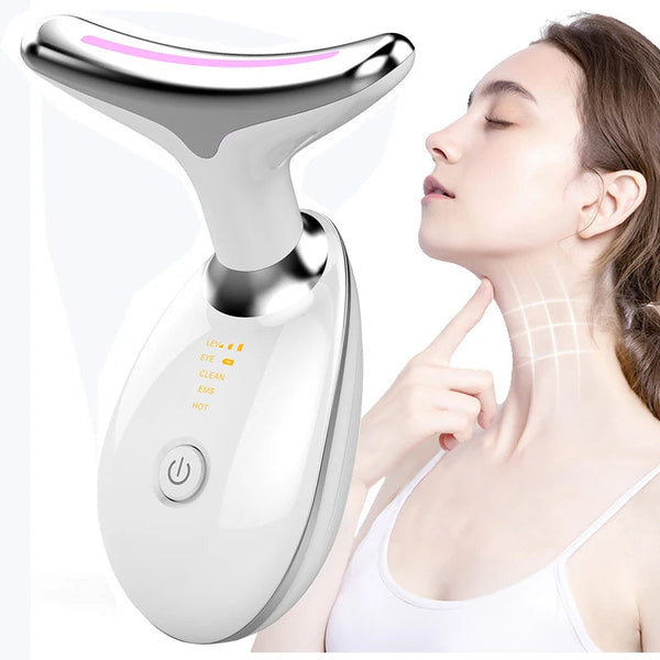 White handheld microcurrent neck and face massager with LED display and power button.