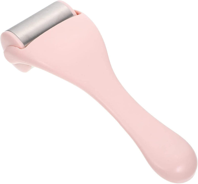 Pink ice roller with silver metal cooling barrel and ergonomic handle.