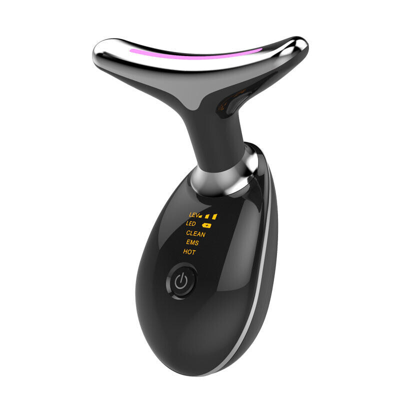 Black microcurrent neck and face massager with LED display and power button.